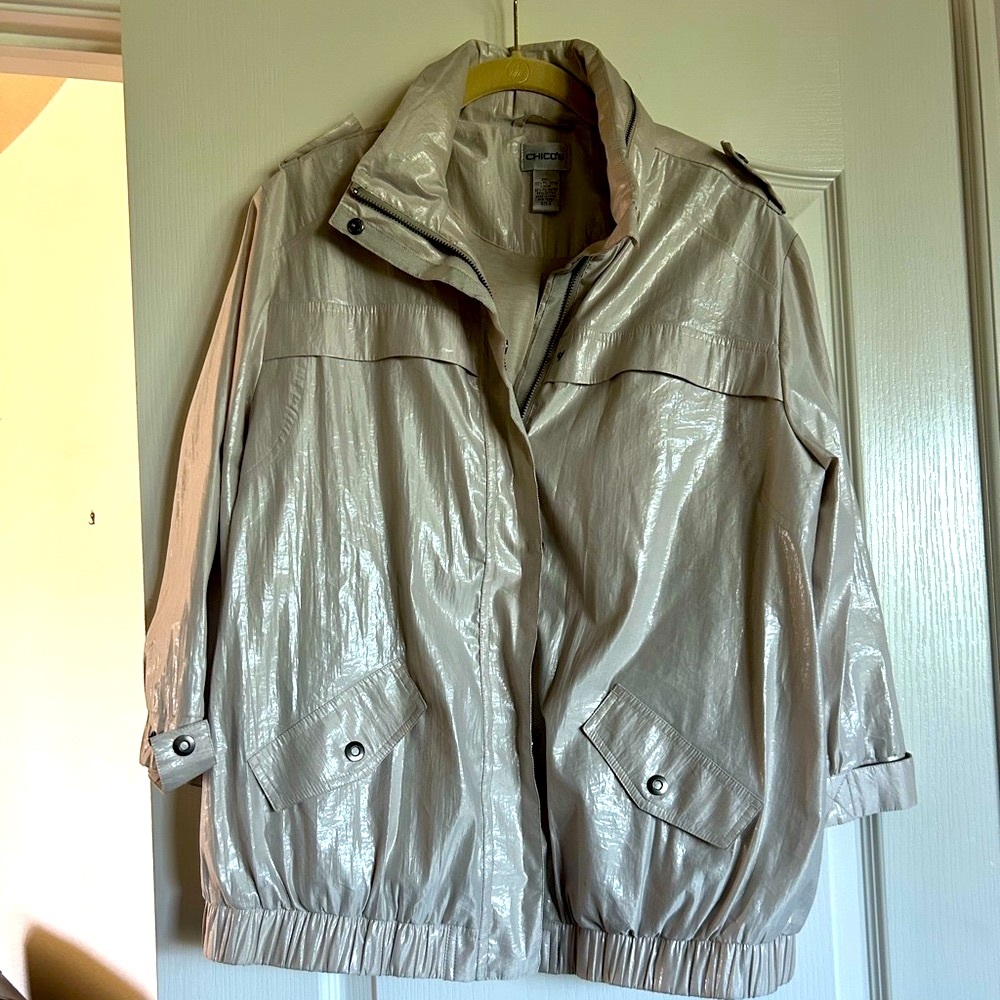 Chico’s polyester metallic tan military 3/4 sleeve hooded zip up jacket large